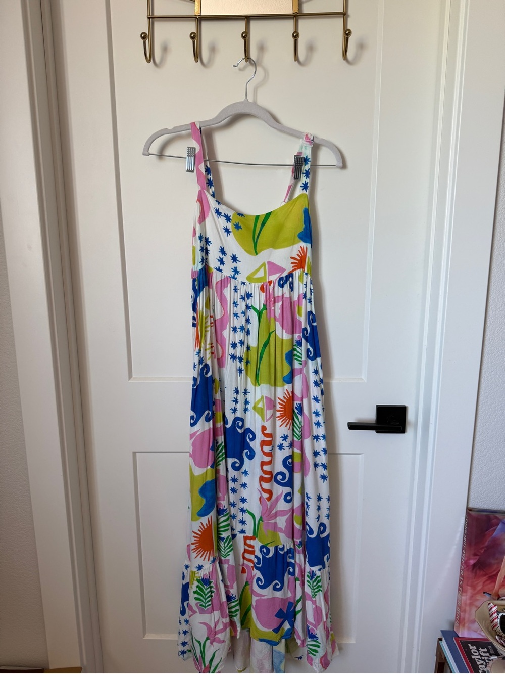 Floral Abstract White Maxi Dress with Pink & Blue Accents
